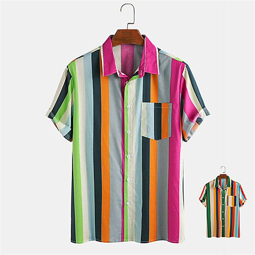 

Men's Shirt Other Prints Striped Button-Down Print Short Sleeve Daily Tops Casual Hawaiian Yellow Blushing Pink