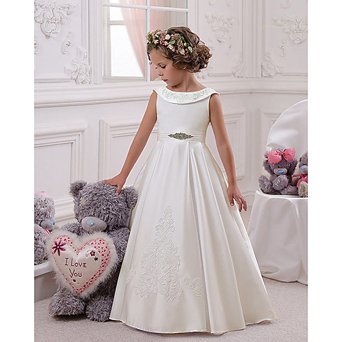 

Princess Floor Length Christmas / Birthday / First Communion Flower Girl Dresses - Mikado / Cotton Sleeveless Boat Neck with Appliques / Crystals / Rhinestones