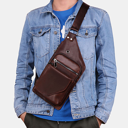 

men genuine leather retro business leather chest bag crossbody bag with earphone hole