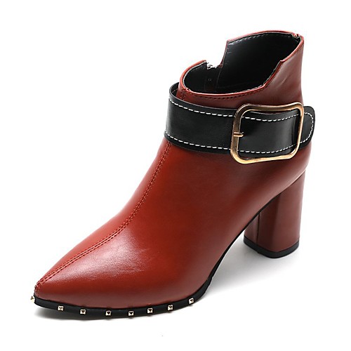 

Women's Boots Chunky Heel Pointed Toe Booties Ankle Boots Daily Walking Shoes PU Rivet Buckle Color Block Wine Dark Brown Black / Booties / Ankle Boots