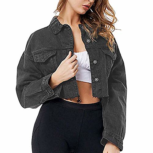 

Women's Short Denim Jacket Button Up Cropped Splice Long Sleeve Lapel Frayed Washed Jean Jackets Pockets