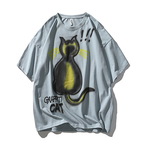 

Men's T shirt Other Prints Cat Graphic Prints Print Short Sleeve Daily Tops 100% Cotton Casual Beach White Blue Green