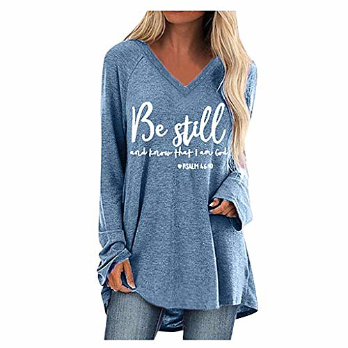 

Womens Christ Shirt Plus Size Blouse V-Neck Long Sleeves Pullover Loose Fit Tunic Tops Sky Blue