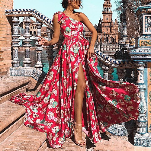 

Women's Sheath Dress Maxi long Dress Red Sleeveless Floral Print Fall Spring One Shoulder Elegant Mumu 2021 S M L XL