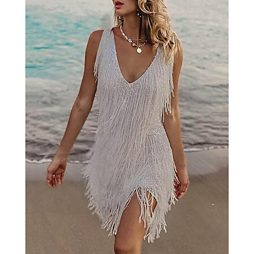 

Women's Sheath Dress Short Mini Dress White Sleeveless Solid Color Tassel Fringe Plus High Low Fall Spring V Neck Hot Elegant 2021 S M L XL XXL
