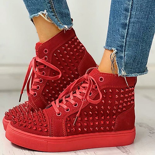 

Women's Sneakers Flat Heel Round Toe Casual Daily Walking Shoes PU Rivet Solid Colored Black Red
