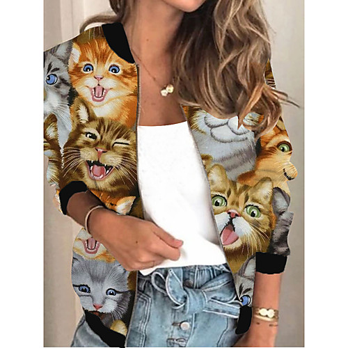 

Women's Print Patchwork 3D Print Spring & Fall Jacket Regular Going out Long Sleeve Rayon Coat Tops Brown