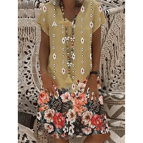 

Women's Shift Dress Knee Length Dress White Yellow Khaki Short Sleeve Print Patchwork Print Summer V Neck Casual 2021 S M L XL XXL 3XL 4XL 5XL