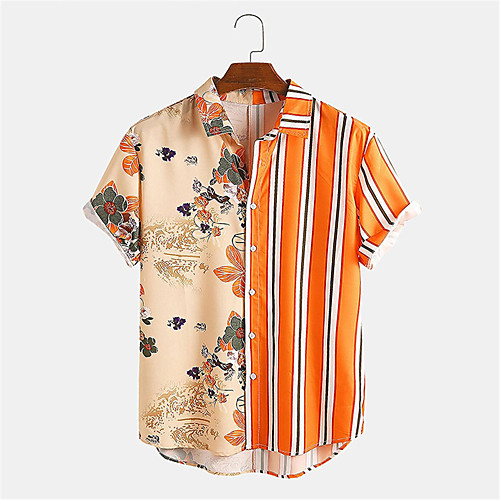 

Men's Shirt Other Prints Striped Plants Button-Down Print Short Sleeve Daily Tops Casual Hawaiian Orange