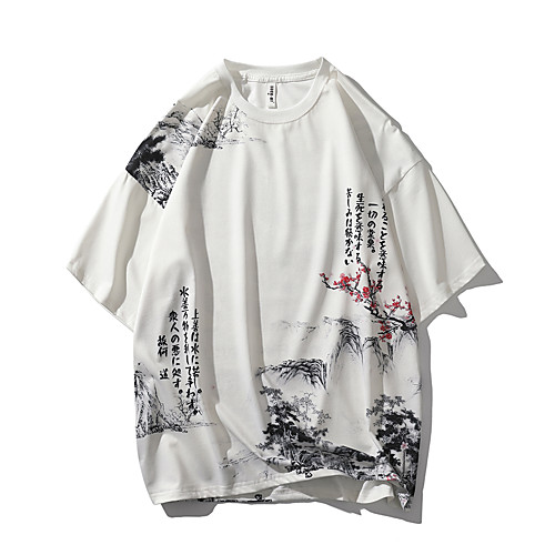 

Men's T shirt Other Prints Plants Graphic Print Short Sleeve Daily Tops Chinese Style Casual Sports White Green