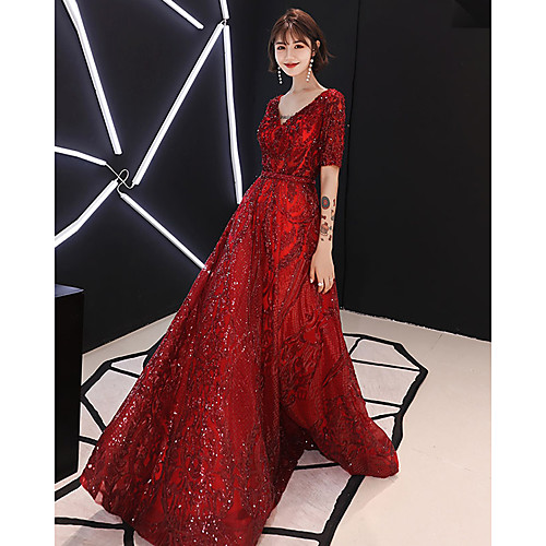

A-Line Sparkle Engagement Formal Evening Dress V Neck Half Sleeve Floor Length Satin Sequined with Beading Sequin 2021