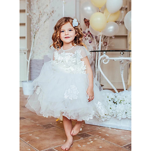 

Princess / Ball Gown Knee Length Wedding / Party Flower Girl Dresses - Tulle Short Sleeve Jewel Neck with Appliques
