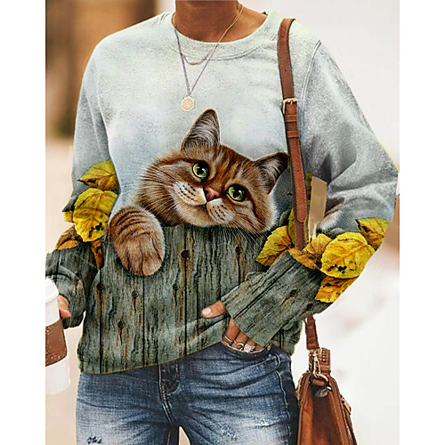 

Women's Pullover Sweatshirt Cat Graphic 3D Print Daily 3D Print Basic Casual Hoodies Sweatshirts Gray