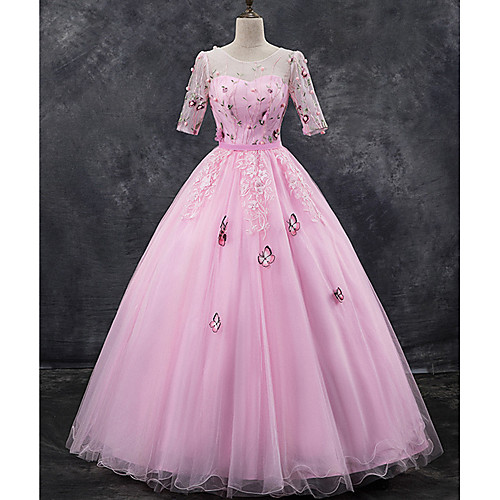

Ball Gown Elegant Floral Quinceanera Formal Evening Dress Illusion Neck Half Sleeve Floor Length Tulle with Pleats Appliques 2021