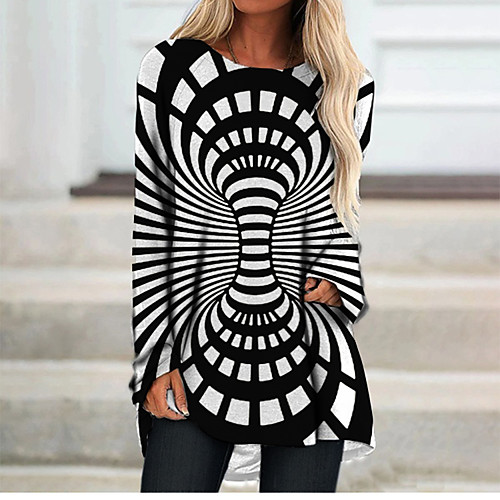 

Women's T Shirt Dress Tee Dress Short Mini Dress Black Long Sleeve Check Color Block Geometric Print Fall Spring Round Neck 3D Print Casual 3D Print S M L XL XXL 3XL