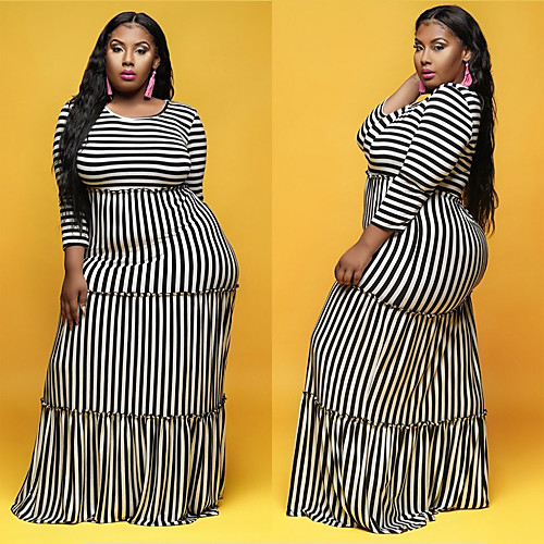 

Women's Plus Size Striped Print Boho V Neck Butterfly Sleeve 3/4 Length Sleeve All Seasons Maxi long Dress Cheongsam Dress / Loose