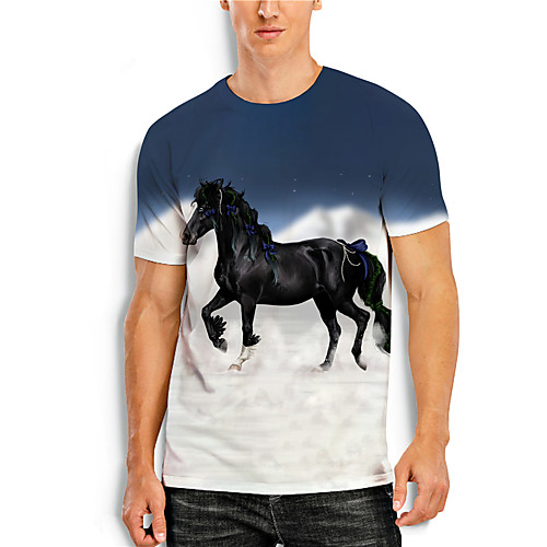 

Men's T shirt 3D Print Graphic Horse Animal Print Short Sleeve Daily Tops Basic Casual Blue / White