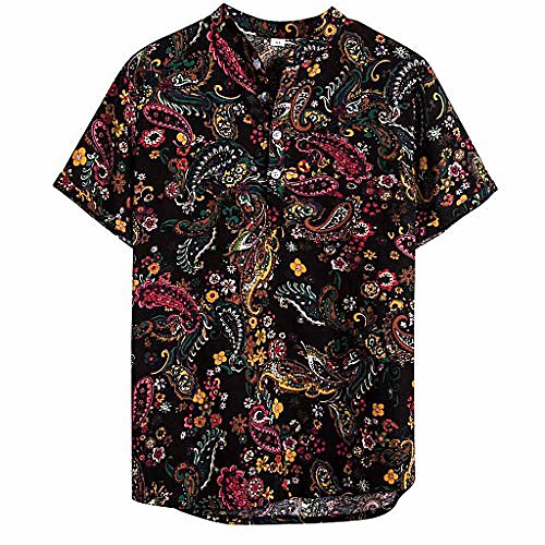 

men's paisley printed linen henley shirt short sleeve v neck summer causal retro hawaiian aloha shirt