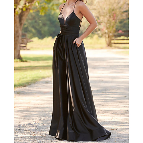 

A-Line Beautiful Back Sexy Engagement Formal Evening Dress V Neck Sleeveless Floor Length Stretch Satin with Pleats Ruched 2021