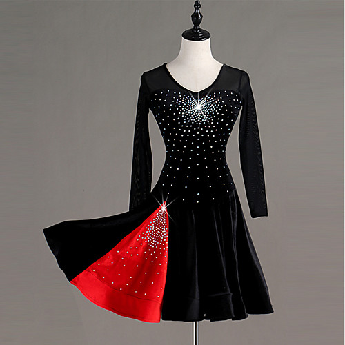 

Latin Dance Dress Glitter Pleats Crystals / Rhinestones Women's Training Performance Long Sleeve Natural Tulle Velvet