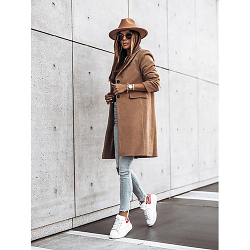 

Women's Solid Colored Basic Fall & Winter Notch lapel collar Trench Coat Long Going out Long Sleeve Cotton Blend Coat Tops Black