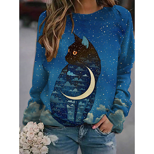 

Women's Pullover Sweatshirt Cat Graphic 3D Print Daily 3D Print Basic Casual Hoodies Sweatshirts Blue