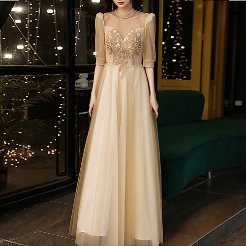 

A-Line Glittering Elegant Wedding Guest Prom Dress High Neck Half Sleeve Floor Length Tulle with Crystals Appliques 2021