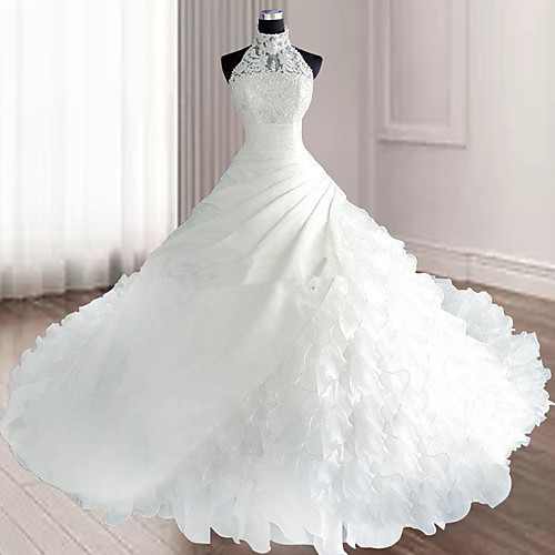 

Ball Gown Wedding Dresses Halter Neck Court Train Organza Sleeveless Sexy Wedding Dress in Color with Appliques 2021
