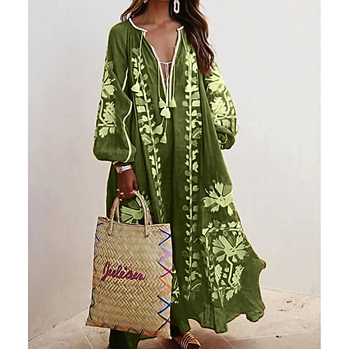 

Women's Swing Dress Maxi long Dress Blue Red Orange Khaki Green Light Blue Long Sleeve Floral Patchwork Print Fall Spring V Neck Casual Vintage Lantern Sleeve 2021 S M L XL XXL 3XL