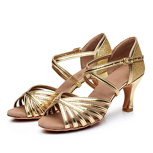 

Women's Latin Shoes Heel Buckle Flared Heel Gold Silver Buckle Adults'