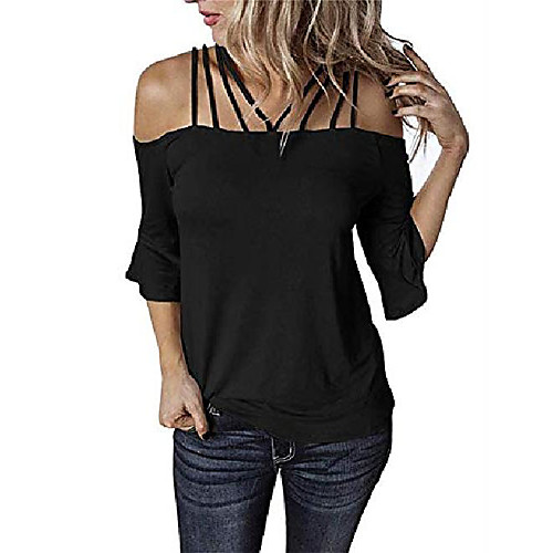 

Womens Off Shoulder Tops Summer Spaghetti Straps Half Sleeve T Shirts Casual Solid Tees Shirts Black