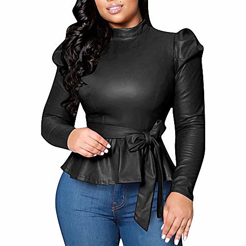 

Women's Matte Mock Neck Turtleneck Long Sleeve Faux Leather Shirts Blouse Top with Belted Black M