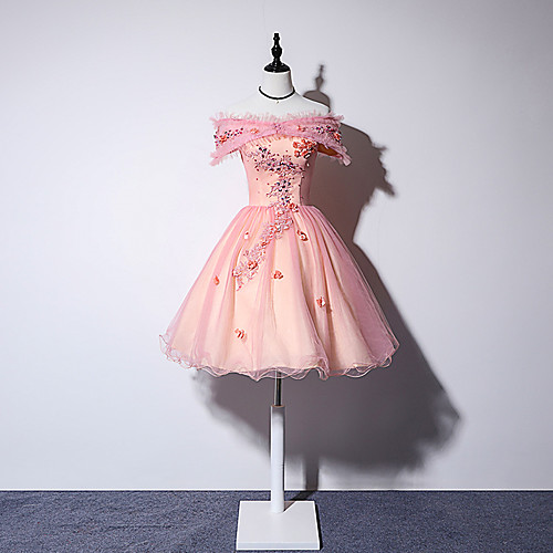 

Ball Gown Elegant Floral Homecoming Cocktail Party Dress Off Shoulder Short Sleeve Knee Length Tulle with Pleats Appliques 2021