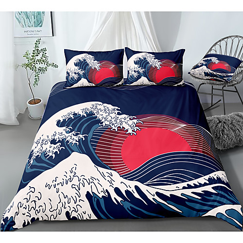 

ukiyo series wave print 3-piece duvet cover set hotel bedding sets comforter cover with soft lightweight microfiber, include 1 duvet cover, 2 pillowcases for double/queen/king(1 pillowcase for