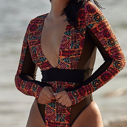 

Women's One Piece Swimsuit Rash Guard Elastane Swimwear Bodysuit Breathable Quick Dry Long Sleeve Swimming Surfing Water Sports Painting Autumn / Fall Spring Summer