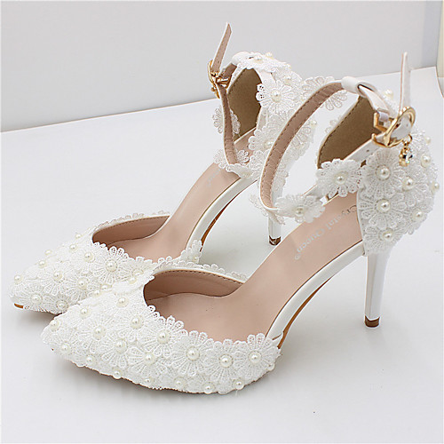 

Women's Wedding Shoes Stiletto Heel Pointed Toe Wedding Pumps Wedding Walking Shoes PU Rhinestone Pearl Buckle Floral Picture section 9 cm heel height