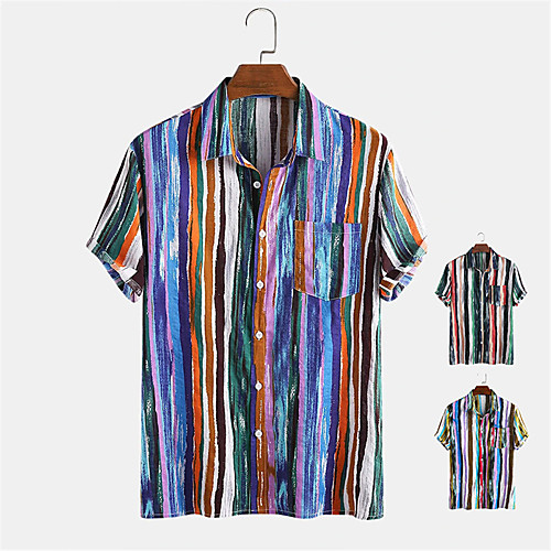 

Men's Shirt Other Prints Striped Button-Down Print Short Sleeve Daily Tops Casual Purple Yellow Green