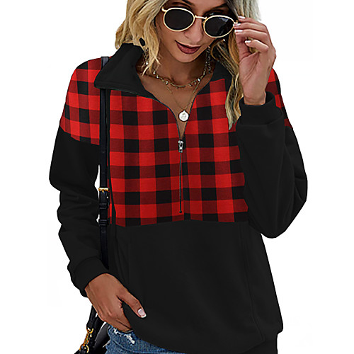 

Women's Zip Up Sweatshirt Plaid Checkered Solid Color Quarter Zip V Neck Daily Going out non-printing Streetwear Hoodies Sweatshirts Loose Red Gray