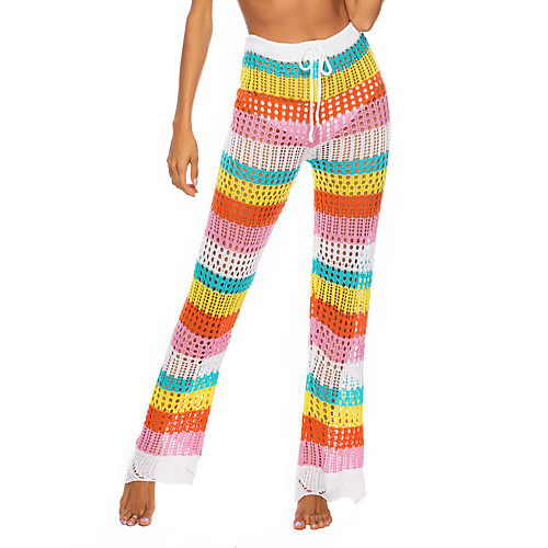 

Women's Stylish Streetwear Breathable Comfort Quick Dry Holiday Bootcut Pants Stripe Full Length Drawstring Rainbow