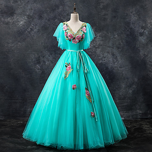 

Ball Gown Vintage Floral Quinceanera Prom Dress V Neck Short Sleeve Floor Length Tulle with Sash / Ribbon Appliques 2021