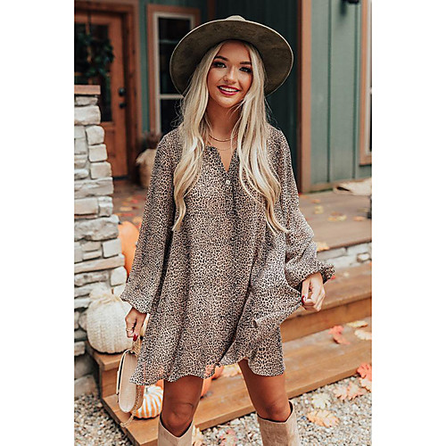 

Women's Swing Dress Short Mini Dress Light Brown Long Sleeve Leopard Ruffle Patchwork Spring V Neck Boho Lantern Sleeve 2021 S M L XL