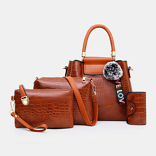 

women 4pcs casual handbag solid crocodile pattern fluffy ball shoulder bag