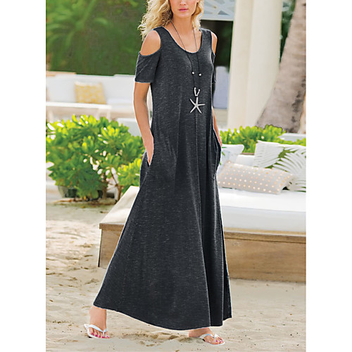 

Women's Sweater Jumper Dress Maxi long Dress Black Blue Purple Gray Short Sleeve Solid Color Print Summer Round Neck Elegant 2021 S M L XL XXL 3XL