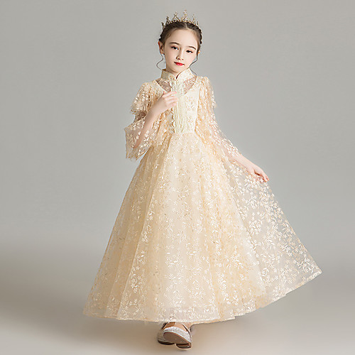 

Princess Ankle Length Wedding / Event / Party Flower Girl Dresses - Lace / Tulle 3/4 Length Sleeve High Neck with Lace / Tier / Solid