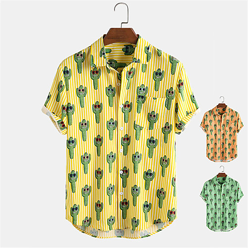 

Men's Shirt Other Prints Striped Plants Button-Down Print Short Sleeve Daily Tops Casual Hawaiian Yellow Orange Green