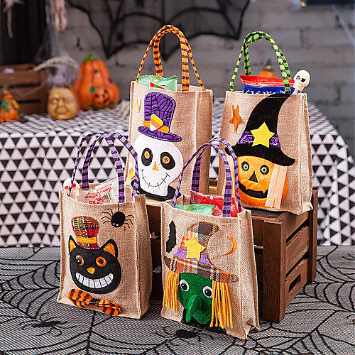 

children halloween style decoration skull pumpkin witches pattern linen casual candy sugar carry bag handbag