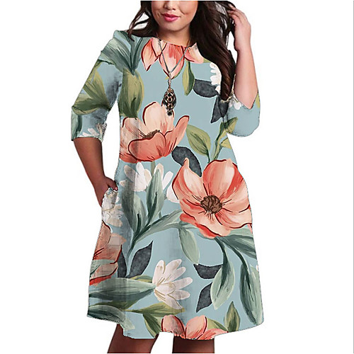 

Women's Plus Size Print Floral Print Casual 3/4 Length Sleeve Fall Knee Length Dress Shift Dress