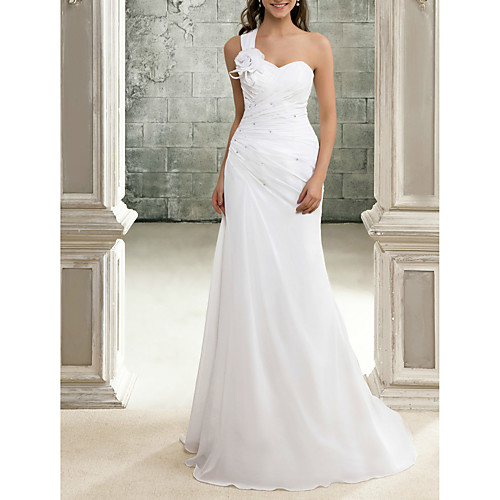 

Sheath / Column Beautiful Back Elegant Engagement Formal Evening Dress One Shoulder Sleeveless Sweep / Brush Train Chiffon with Crystals 2021