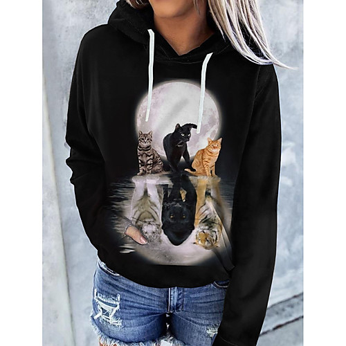 

Women's Pullover Hoodie Sweatshirt Cat Graphic 3D Front Pocket Print Daily 3D Print Basic Casual Hoodies Sweatshirts Black