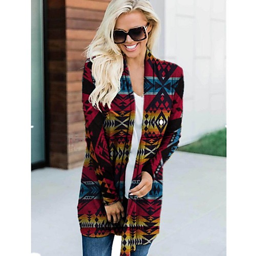 

Women's Print Print Basic Fall Sweater Coat Regular Daily Long Sleeve Cotton Blend Coat Tops Red